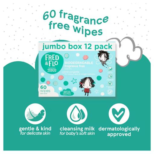 Fred & Flo Biodegradable Fragrance Free 60 Wipes 12 Box - Image 3