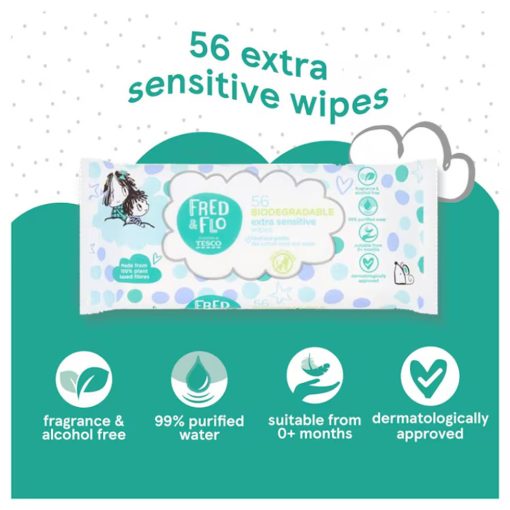 Fred & Flo Biodegradable Extra Sensitive Wipes 56 Pack - Image 2